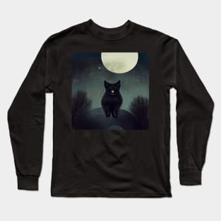 Black Cat Under Moon Abstract Long Sleeve T-Shirt